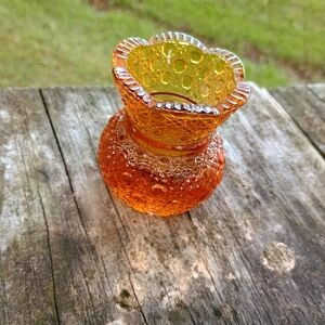 Vintage amber colored pressed glass miniature art vase, bubble glass, MCM decor